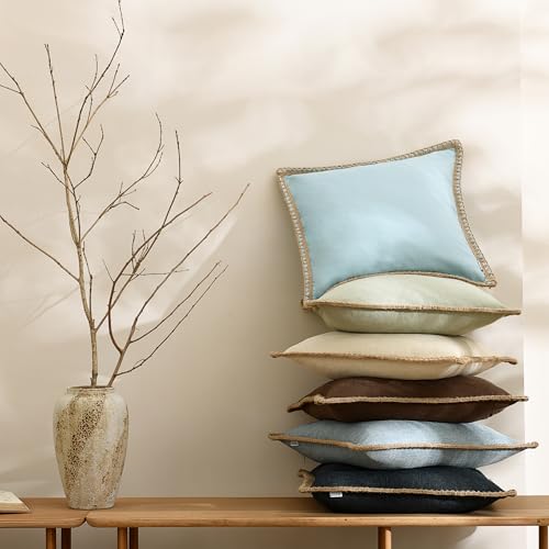 NordECO HOME Set of 2 Farmhouse Throw Pillow Covers - Burlap Linen Trimmed Tailored Edges Decorative Cushion Covers for Bed Home Decoration, 12 x 20, Blue - color: Light Blue, size: 20" x 12" (Pack of 2)