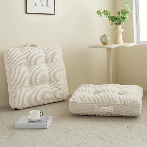 HIGOGOGO Floor Pillow Cushion for Adults, Meditation Cushion Pillow, Large Square Floor Sitting, Tufted Corduroy Cover, for Tatami Living Room or Yoga, 22x22 Inch, 2Pack, Beige - color: Square Beige, size: 4" Thick(Pack of 2)