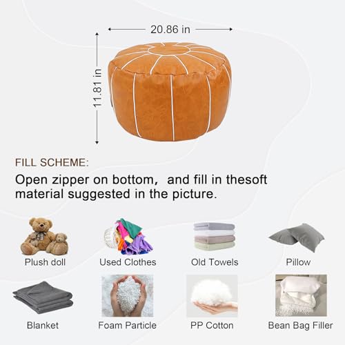 Louis Donné Pouf Ottoman Cover, Handmade Faux PU Leather Moroccan Style, Unstuffed Pouffe Ottomans,20.8" Round Foot Rest for Living Room,Floor Small Bean Bag Chair Gifts for Kids ONLY Cover(Orange)