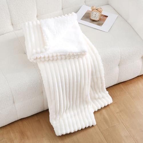Cream White Sherpa Fleece Throw Blanket 50”×60” for Couch Sofa Bed, Double Side Soft Fuzzy Cozy Plush Thick Flannel Blanket with Striped Design Gift for Adults,Woman,Girls - color: Cream White, size: 50×60inch