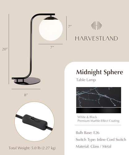 HarvestLand Midnight Sphere 20” Bedside Lamp – Globe Table Lamp & Modern Table Lamps for Living Room, Nightstand Lamp, Side Table Lamp for Bedroom & Office, Marble Base Glass Shade - style: Midnight Sphere 20” Globe