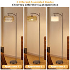 Ambimall Arc Floor Lamp for Living Room with Remote, Color Temperature & Brightness Adjustable, Bohemia Standing Lamp with Rattan & Fabric Double Drum Shades, Bulb Included(Brown) - color: Brown Bohemian