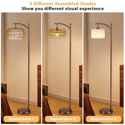 Ambimall Arc Floor Lamp for Living Room with Remote, Color Temperature & Brightness Adjustable, Bohemia Standing Lamp with Rattan & Fabric Double Drum Shades, Bulb Included(Brown) - color: Brown Bohemian