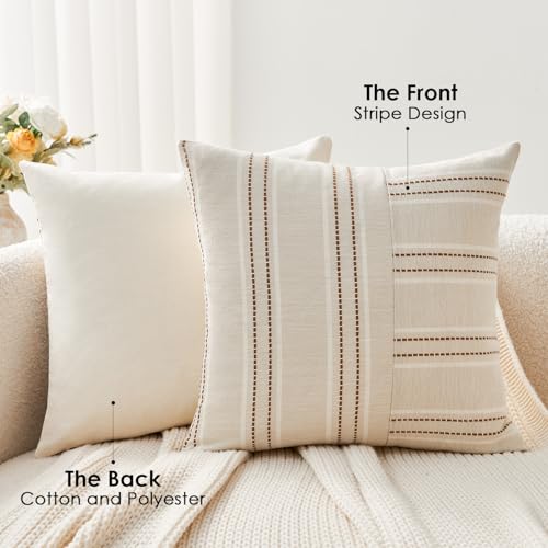 Throw Pillow Covers Set of 2 20x20 Inch Striped Pillow Covers, Soft Decorative Cotton Neutral Brown Textured Case for Couch Sofa Bed Living Room, Home Modern Farmhouse Cute Decor - color: Brown, size: 20" x 20" (Pack of 2)