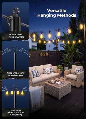 Brightown 52FT Solar String Lights Outdoor Waterproof, Patio Lights with Remote & Timer, USB/Solar Powered Dimmable Outdoor Lights, 15+1 LED Bulbs for Backyard Garden Camping Party - 26Hrs Runtime - size: 52FT(15 Sockets)