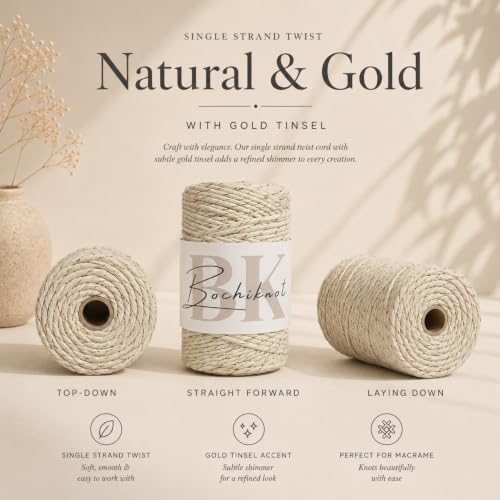 BOCHIKNOT Single Strand Macrame Cord 4mm x 240yds (220m) – Soft Cotton Macrame Rope for Beginners, Easy to Knot for Wall Hangings, Plant Hangers, Fringe and DIY Crafts (Natural & Gold) - color: Natural & Gold Metallic, size: (4mm x 219m) - Single Strand T