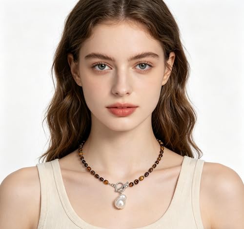 Beaded Necklaces for Women with Baroque Pearl, Turquoise Amethyst Lapis lazuli Tiger Eye Handmade Boho Bead Choker Necklace, Natural Stone Summer Jewelry Birthday Mother Gift for Women - color: Tiger Eye Stone
