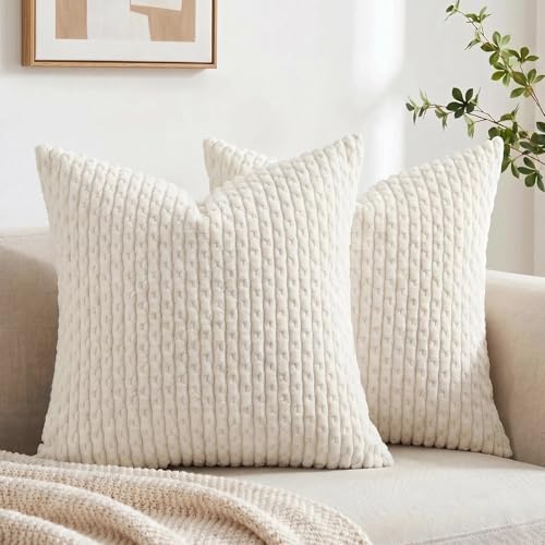 Fancy Homi 2 Packs Boho Cream Decorative Throw Pillow Covers 18x18 Inch for Couch Bed Sofa, Modern Farmhouse Home Decor, Soft Cute Plush Corduroy Cushion Case 45x45 CM - color: Cream, size: 18" x 18" (Pack of 2)