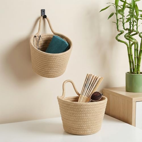 4 Pack Fabric Wall Hanging Baskets,Woven Storage Organizers Storage Organizers and Decoration Pocket Boho Style Wall Mounted Pouches for Organizing Fruits, Veggies, Snacks, Farmhouse