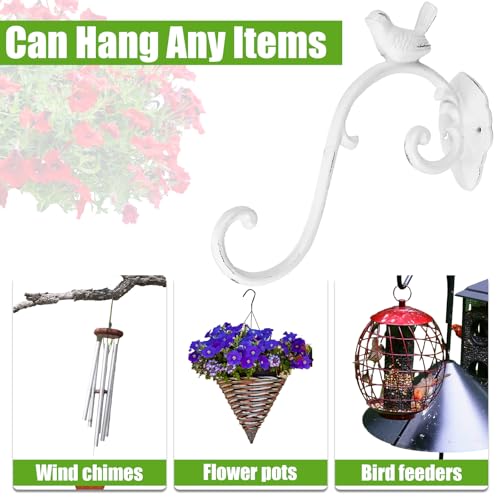 Moxweyeni 2 Pcs Cast Iron Plant Hangers Outdoor 10" Heavy Duty Hanging Basket Brackets Lovely Bird Shape Decorative Wall Hangers for Flower Pots Bird Feeder Wind Chime Lantern(White) - color: White