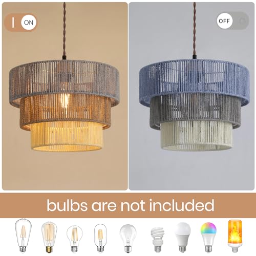 Boho Rattan Lamp Shade in Pastel Blue Gray & White, 3-Tier Drum Style Replacement Shade for Pendant, Chandelier, Floor Lamp, Rustic Hand-Woven Cover for Living Room, Kitchen, Bedroom, Office - size: style C