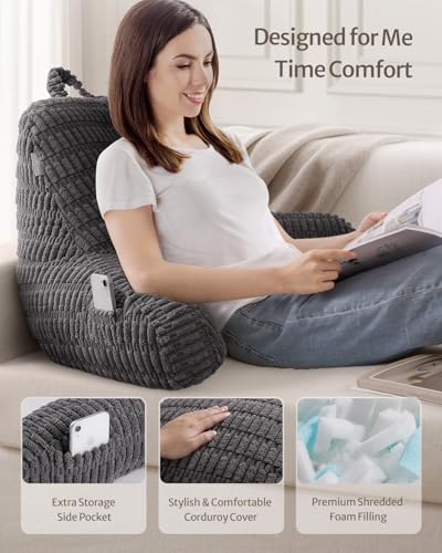 Blissful Diary Reading Pillow, Large Backrest Pillow with Shredded Memory Foam for Adult & Children, Designed for Bed and Couch Sitting Up, Includes Arms, Pockets and Washable Cover, Dark Gray - color: Textured Dark Gray, size: Large(20inch)