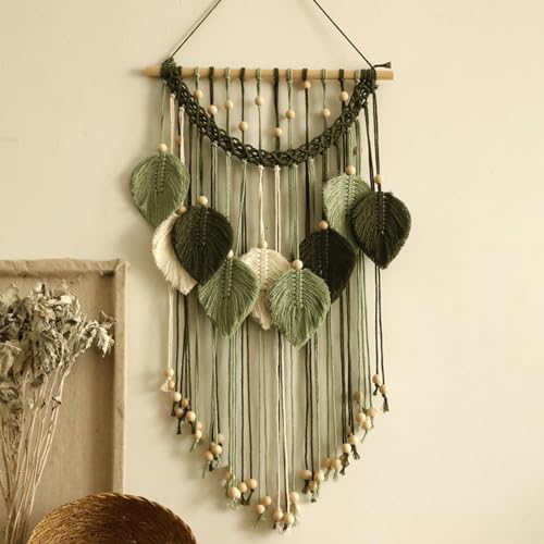 Artilady Macrame Wall Hanging -Handmade Sage Green Leaf Wall Tapestry,Boho Decorations for Bedroom Living Room Bathroom,Earthy Room Decor,Wedding Birthday for Women Girls - color: Dark Green Beige