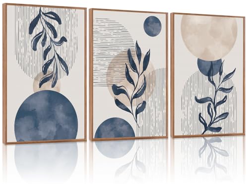 KAIRNE Boho Plant Wall Art Set of 3,Blue Bohemain Framed Canvas,Abstract Geometric Line Wall Painting,Modern Nature Prints,Botanical and Moon Wall Art for Living Room Bedroom Office - 3Pieces,16”X24” - color: Blue and White Wall Art, size: 16"Lx24"W
