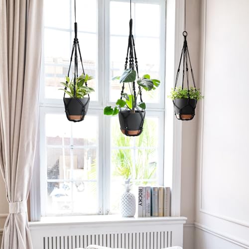Mkono Hanging Planters, Macrame Plant Hangers with Self Watering Plant Pots Indoor Set of 3 Hanging Baskets Flower Pot Holders with Hooks No Tassels 3 Different Size for Boho Home Decor - color: Black