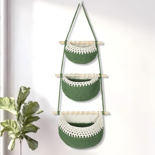 Boho Style Handwoven Rope Hanging Basket - 3-Tier Detachable Storage Organizer for Kitchen/Bathroom/Entryway, 3 Included Heavy-Duty Hooks, 7 Color Options Available (Green&White) - color: Green&White