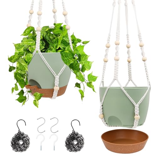 Vanslogreen Hanging Planters for Indoor Outdoor Plants, 2 Pack Self Watering Hanging Pots, Hanging Plant Baskets with Drainage Holes & 2 Types of Plant Hangers (Green, 6'') - color: Green+black, size: 6''