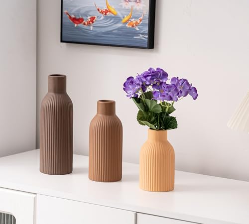 Ceramic Vase Set of 3, Flower Vases for Spring Room Decor, Kitchen Farmhouse, Modern Boho Style(Brown/Dark Brown/Orange) - color: Brown/Dark Brown/Orange