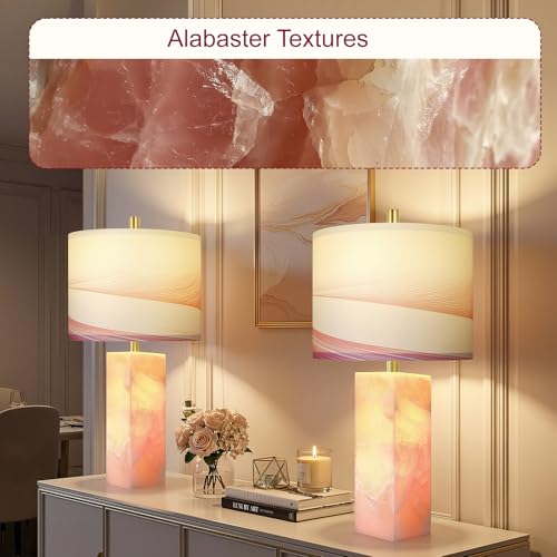 Scenekoy 23" Alabaster Table Lamp Set of 2 with Night Light for Bedroom Living Room, Rotary Switch, Pink Modern Table Lamp with Linen Shade, Nightstand Lamps for Room Bedside Office (Bulb Included) - color: Pink