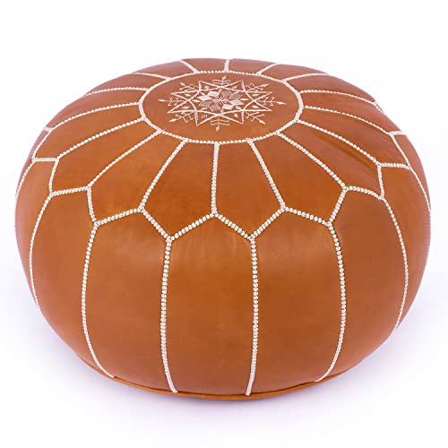 Marrakesh Gallery Genuine Leather Round Pouf Unstuffed - Moroccan Ottoman Footstool, Footrest Cover - Boho Decor - Bohemian Living Room, Bedroom, Kids Room, Gift & Wedding - color: Tan