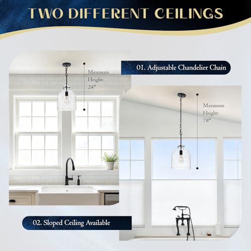 Farmhouse Black Pendant Light – 10" Seeded Glass Dome Hanging Lighting, Hand-Blown Bubble Glass Shade, 1-Light E26 Pendant Lights for Kitchen Island, Dining Room, Hallway - color: Black-Medium Seeded Glass