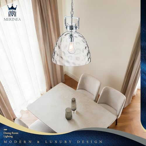 Glass Pendant Light, 13.8 Inch Single Hanging Ceiling Light with Adjustable Chain, E26 Base Oversized Hammered Clear Glass Kitchen Island Pendant Lighting in Polished Chrome for Dining Room, Entryway - color: Large Chrome