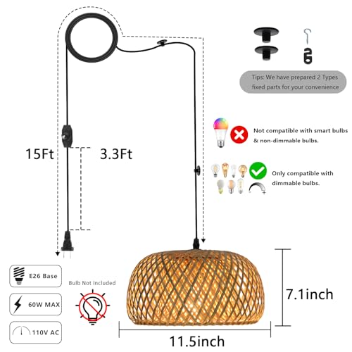 HuisMier Dimmable Plug in Pendant Light Rattan Hanging Lights with 15 Ft Plug in Cord, Handmade Bamboo Lampshade Boho Hanging Light Fixture for Kitchen Island Dining Room Bedroom - color: Natural Bamboo