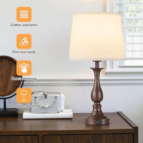 Bedside Table Lamp Touch Control Bedroom Lamps with USB A + C Charging Port 3 Way Dimmable Touch Lamps for Nightstand Living Room Bedroom Dorm Home Office Reading, Set of 2 (White Shade & Brown Base) - color: White Shade & Brown Base