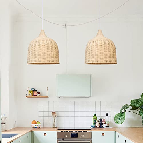 Arturesthome 1 Light Rattan Woven Pendant Light 13.78in Handmade Ceiling Lighting Fixture Chandelier Hanging Lamp Lampshade for Kitchen Island Dining Room Hallway Foyer