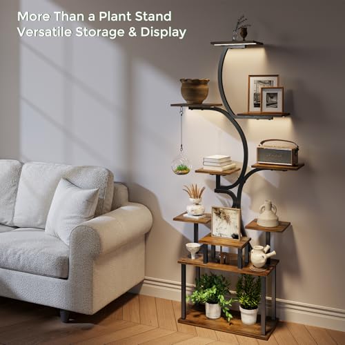 Plant Stand Indoor with Grow Lights - 9-Tier Curved Plant Stand, Tall Metal and Wood Indoor Plant Shelf with Unique Arched Design, Multi-Tier Flower Pot Holder Rack with Waterproof Finish, 63" Tall for Living Room, Balcony, and Garden - size: 3C