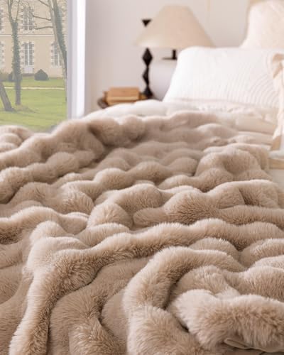 Ultra Soft Cozy Faux Fur Throw Blanket, Fuzzy Plush Thick Bubble Blanket, Oversize Luxury Fluffy Blanket for Couch, Bed, and Living Room, 60x80 Inches, Light Brown - color: Bubble Light Brown, size: Twin