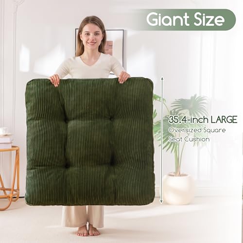 HIGOGOGO 35" Floor Pillow Cushion for Adults, Meditation Cushion Pillow, Extra Large Square Floor Sitting, Tufted Corduroy Cover for Tatami Living Room or Yoga, Dark Green - color: Dark Green, size: 4" Thick Square