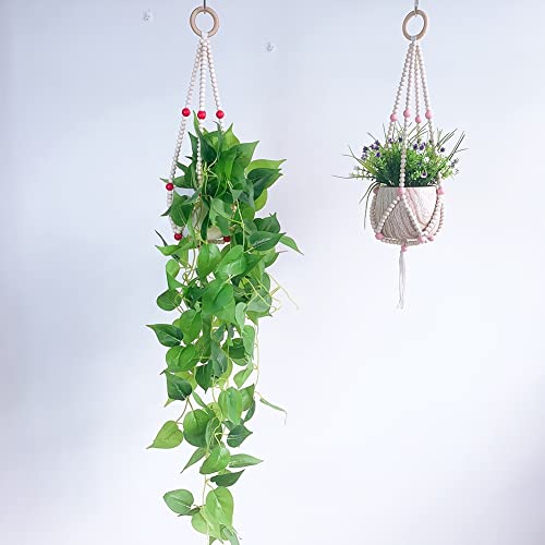 Ochine Macrame Plant Hanger Indoor Hanging Planter Basket Wood Beads Decorative Boho Flower Pot Holder with Round Hooks for Indoor Outdoor Boho Home Decor Handmade Bead Hangers (Not Included Pot) - color: B