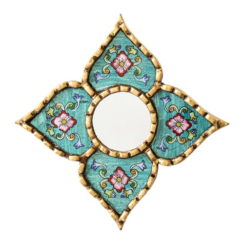 Peruvian Artisan Mirror for wall Decor– Small Diamond/Square wall Mirror with Bronze Leaf Frame (Turquoise) - color: Turquoise
