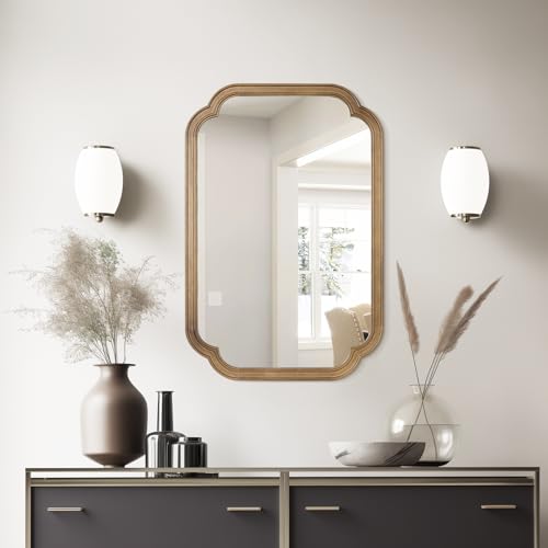 WallBeyond 20" x 30" Rounded Corner Arch Wall Mirror with Wood Frame for Entryway, Living Room or Bedroom Home Decor - Light Woodgrain, Honey-Colored - color: Honeya New, size: 30"L x 20"W