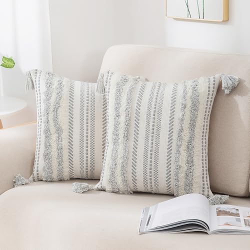 decorUhome Summer Decorative Boho Throw Pillow Covers 18x18 Set of 2, Accent Neutral Textured Tufted Pillow Covers Striped for Couch Bed Sofa Living Room, Grey and Cream White - color: Grey and Cream White, size: 18" x 18" (Pack of 2)