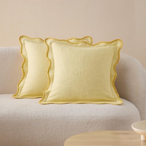 Double Stitch Scalloped Throw Pillow Covers - 100% Cotton Set of 2 Decorative Boho Pillow Covers 20 x 20, Made in India, Square Cushion Case, Modern Home Decor for Couch Sofa, Lemon Yellow - color: Lemon Yellow, size: 20" x 20" (Pack of 2)