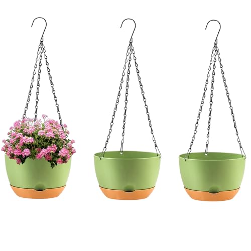 10 inch Hanging Planters for Indoor Outdoor Plants with Self-Watering Pots, 3 Pack Plastic Hanging Basket with Removable tray for Home Garden Porch Balcony Patio Decor(Green） - color: Green, size: 10 inch