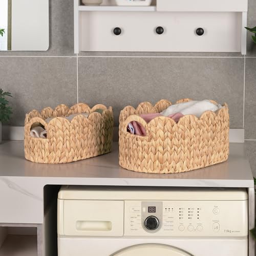 iEGrow Scalloped Wicker Basket, Set of 2 Hand-Woven Natural Rattan Baskets with Built-in Handles, Water Hyacinth Storage Oval Cute Baby Baskets for Nursery, Organizing, Decor and Shelves - size: Oval