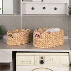 iEGrow Scalloped Wicker Basket, Set of 2 Hand-Woven Natural Rattan Baskets with Built-in Handles, Water Hyacinth Storage Oval Cute Baby Baskets for Nursery, Organizing, Decor and Shelves - size: Oval