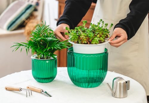 Josteve 5.2/8.2 Inch 2 Pcs Self Watering Hanging Planter Indoor Plant Pots Drainage Holes, Outdoor Small Hanging Planters Flower Pot Basket, Visible Water Level, Plant Hanger Home Decor, Gardening - color: Emerald, size: 2*5.2/8.2 inch