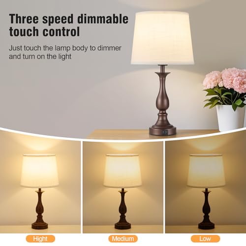 Bedside Table Lamp Touch Control Bedroom Lamps with USB A + C Charging Port 3 Way Dimmable Touch Lamps for Nightstand Living Room Bedroom Dorm Home Office Reading, Set of 2 (White Shade & Brown Base) - color: White Shade & Brown Base