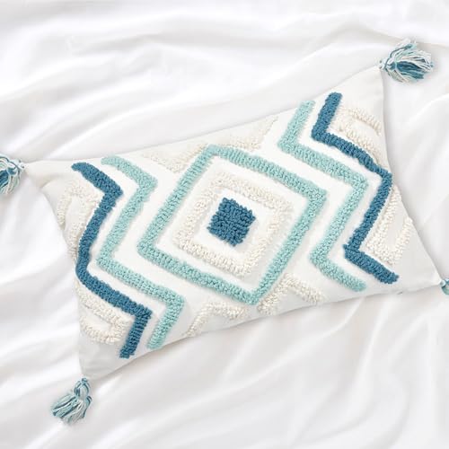 Boho Pillow Covers 12X20 Inch Boho Tufted Throw Pillow Covers Decorative Tassels Cushion Cover Farmhouse Pillow Case for Couch Sofa Bed Living Room Bedroom, Teal - color: Boho Multi-teal, size: 20" x 12" (Pack of 1)