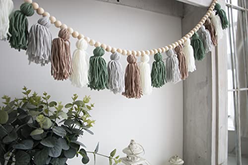 Tassel Garland - Boho Tassel Garland with Wood Beads - Wall Decor for Dorm, Girls Room and Nursery Room - Olive Green (50 inch) - size: 50 inch