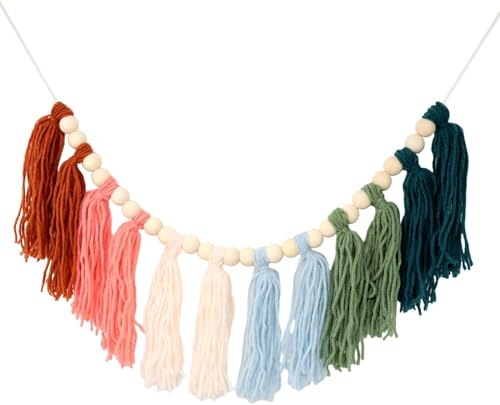 1PCS Boho Colorful Tassel Garland Vintage Wooden Bead Garland Rainbow Color Tassel Banner Festival Wall Decoration for Birthday Party Wedding Christmas Housewarming Decor