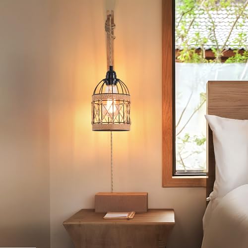 Plug in Wall Sconce,Farmhouse Wicker Wall Lamp Plug in,Hand Woven Rattan Wall Light Farmhouse Rustic Boho Sconces Wall Lighting for Living Room Bedroom - color: Birdcage, size: 1 PACK