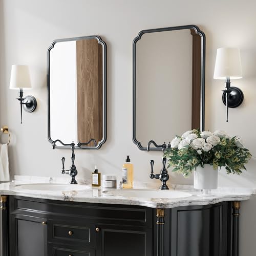 Ferytange 22x34 Inch Black Bathroom Mirror, Metal Framed Wall Mirror with Rounded Edges, Rustproof Horizontal Vertical Hanging for Vanity Over Sink - color: Black, size: 34"L x 22"W