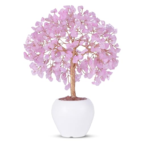 Rose Quartz Stone Chakra Crystal Tree Money Tree Feng Shui Gemstone Tree of Life with Pot Base, Good Luck Tree Christmas Home Office Desk Crystal Decor Ornaments, for Emotional Healing, Heart Chakra - color: Rose Quartz Copper Wire