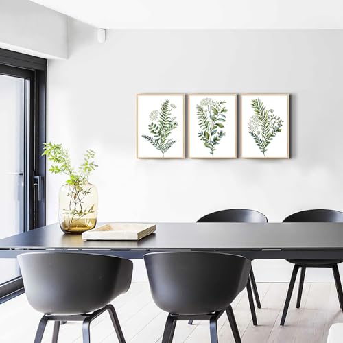 Natural Wood Frame 3 Pieces Framed Wall Art For Living Room Bathroom Wall Decorations Kitchen Wall Decor Canvas Print Decor Modern Simple Bedroom Home Decoration Green Leaves Poster Wall Paintings - color: 3 Panels Green Plants Natural Wood Framed, size: