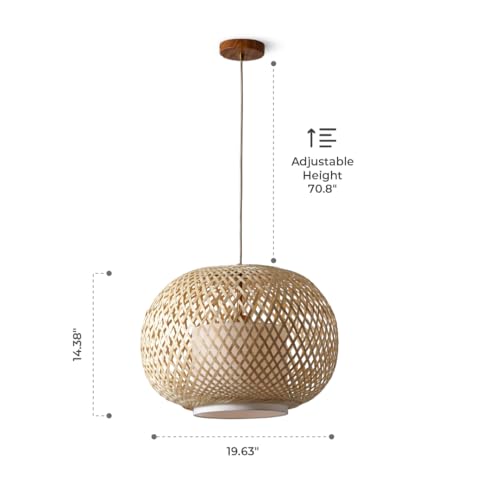 FOS -Modern Bohemian Natural Woven Bamboo + Linen Pendant Light, Dimmable, and Decorative Brushed Brass Components - Perfect for Ambient Lighting in Bed Room, Dining Room, Living Room - color: Fos -1 Light